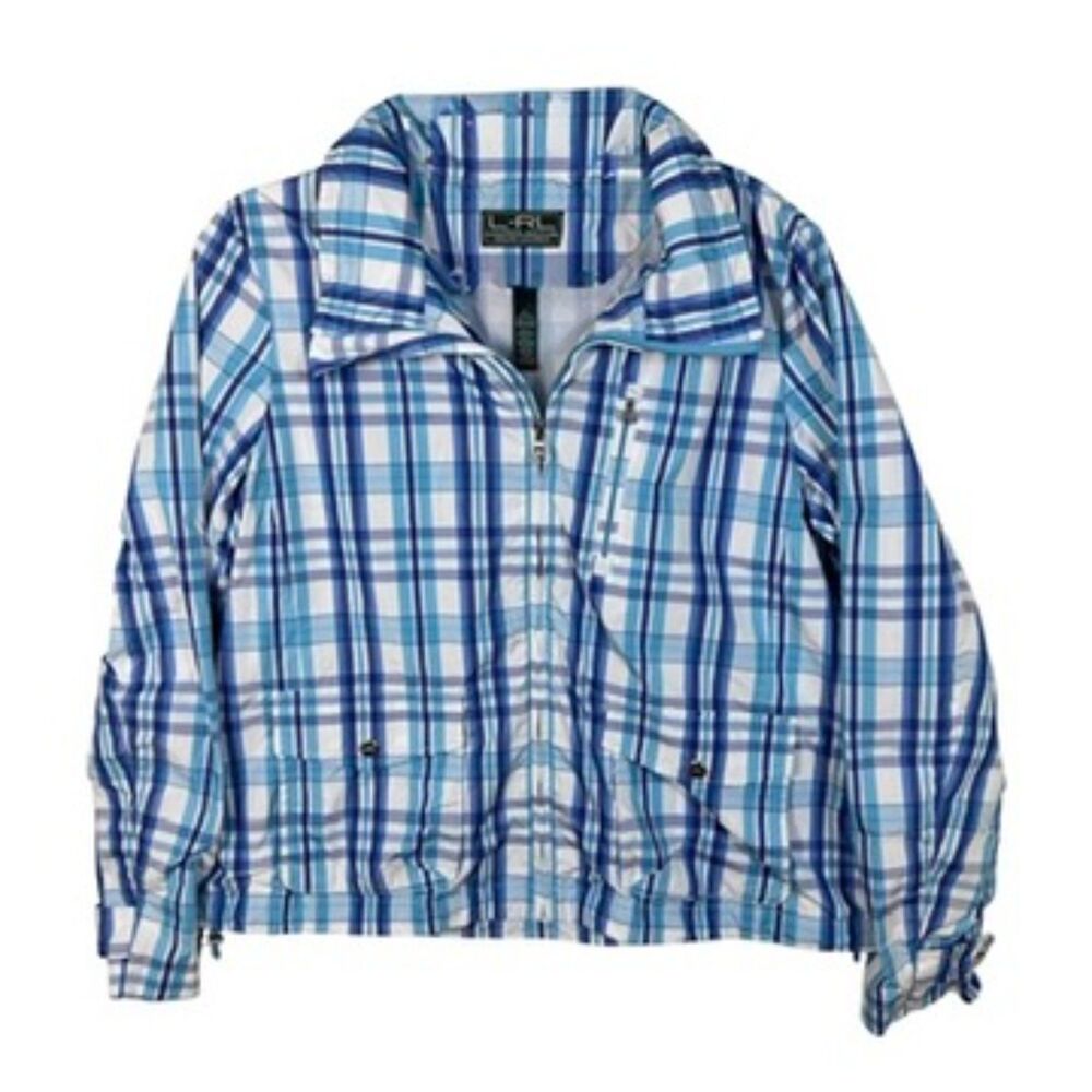 L-RL Lauren Active Ralph Lauren Plaid Zip Windbreaker Jacket Womens L Blue